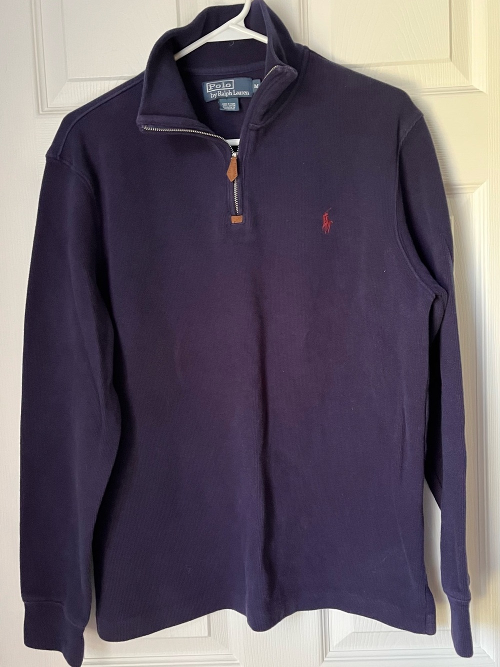 Polo Ralph Lauren Navy Quarter-Zip Pullover with Brown Leather Pull